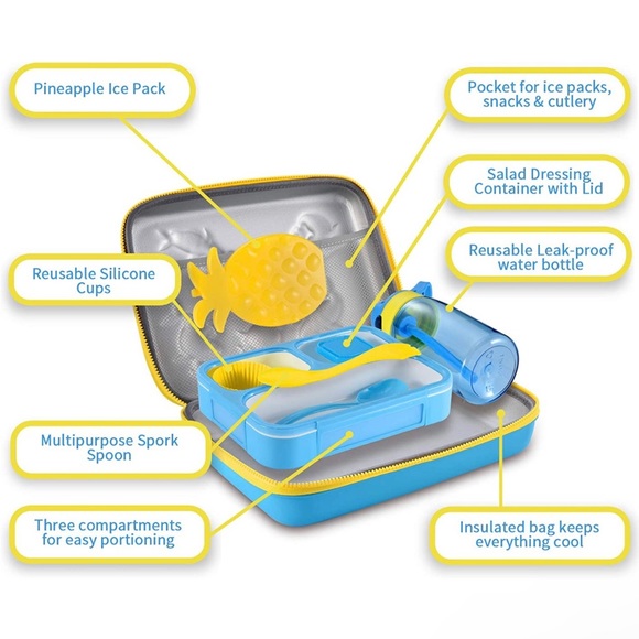 COO&KOO NWT Shark Blue Yellow Kids Lunchbox with Accesories - Picture 3 of 12